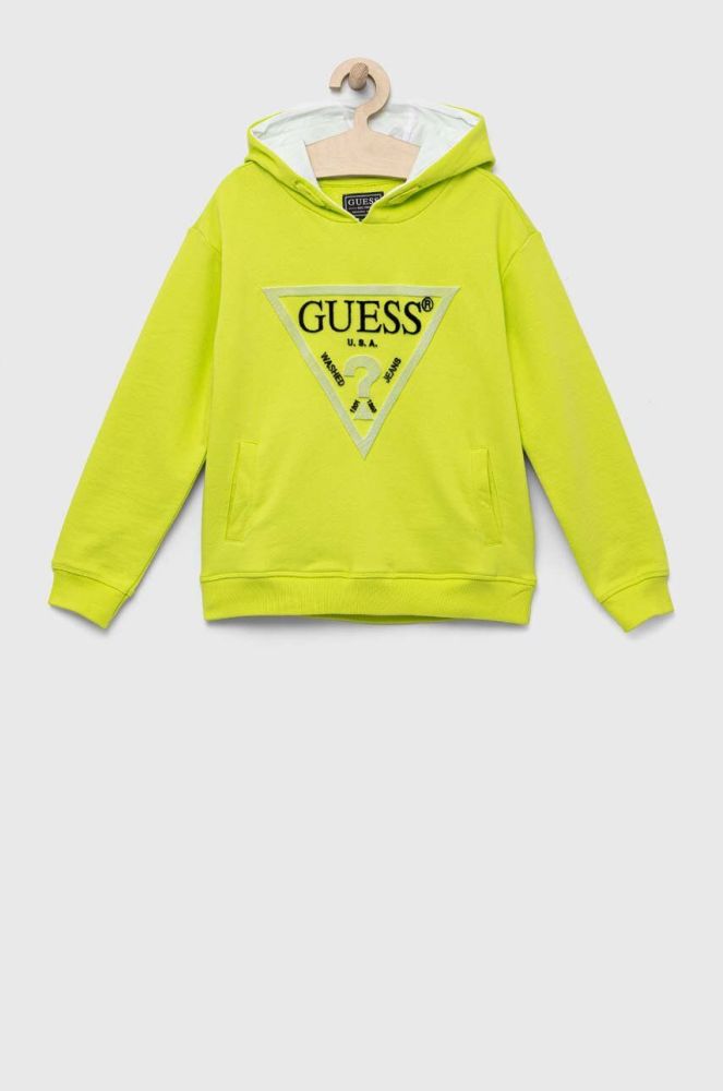 Дитяча бавовняна кофта Guess колір зелений з капюшоном з аплікацією (3293570)