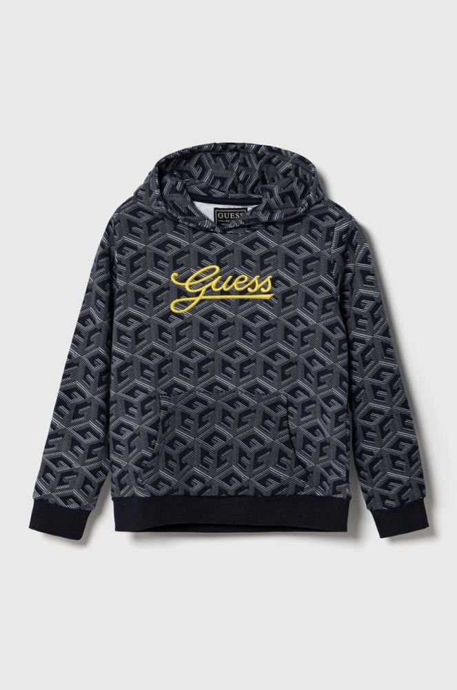 Дитяча бавовняна кофта Guess колір синій з капюшоном візерунок (3368999)