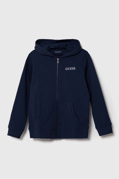 Дитяча кофта Guess колір синій з капюшоном меланж
