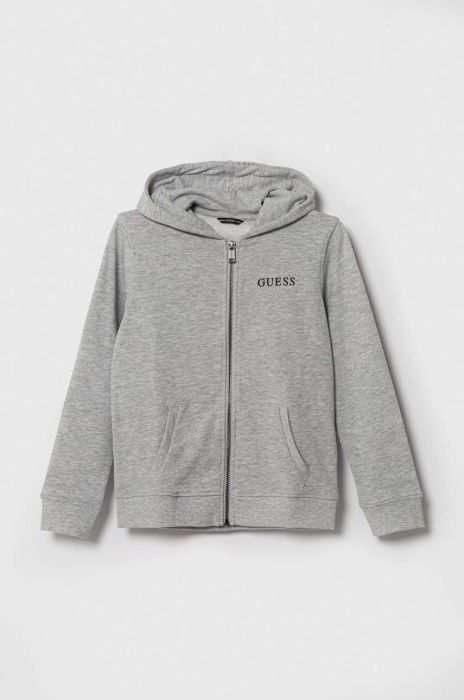 Дитяча кофта Guess колір сірий з капюшоном меланж