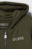 Дитяча бавовняна кофта Guess колір зелений з капюшоном однотонна