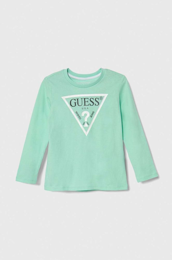 Дитячий бавовняний лонгслів Guess колір бірюзовий з принтом (3362296)