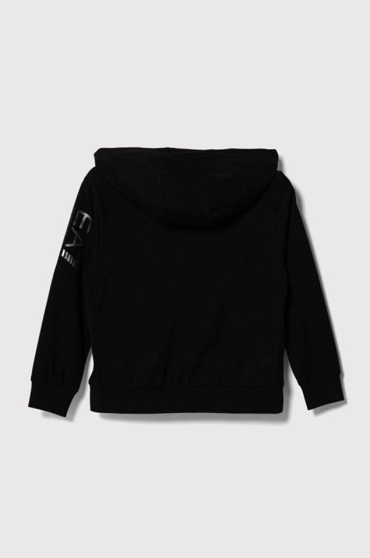 Дитяча бавовняна кофта EA7 Emporio Armani колір чорний з капюшоном з принтом (3441353) фото 2