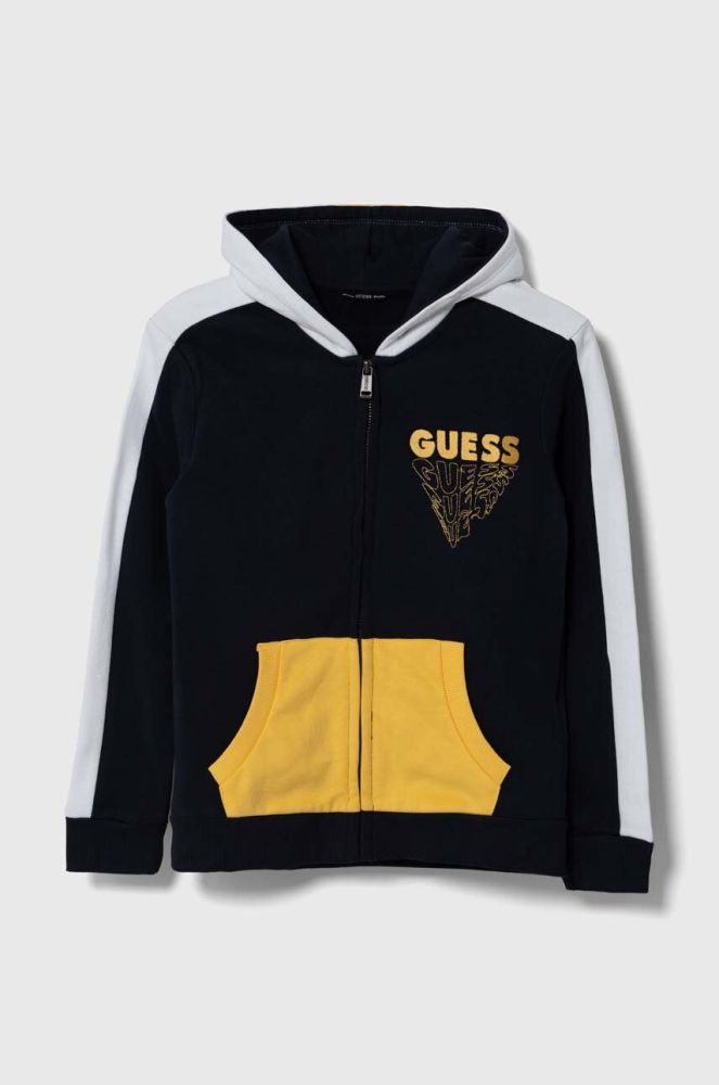 Дитяча бавовняна кофта Guess колір синій з капюшоном з аплікацією (3527173)