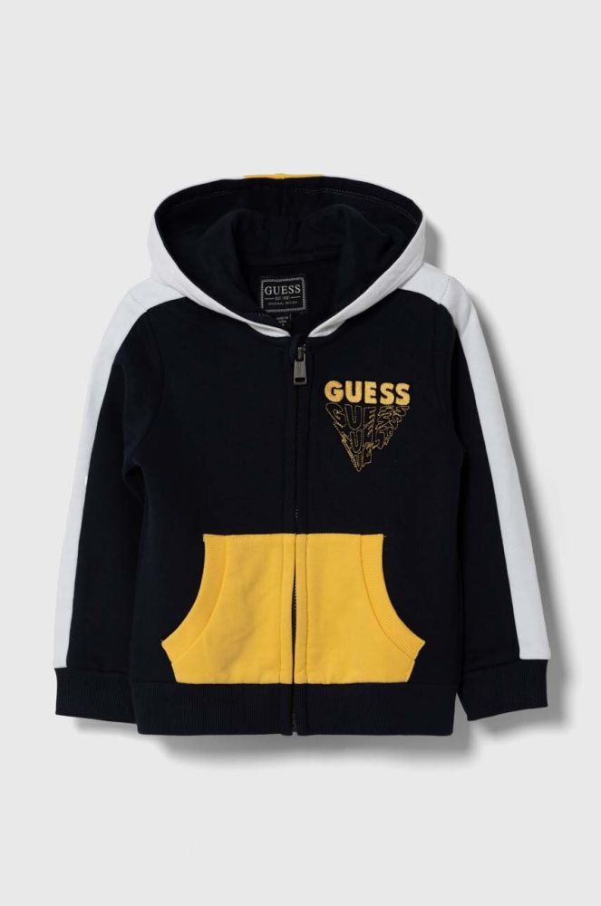 Дитяча бавовняна кофта Guess колір синій з капюшоном з аплікацією (3527219)