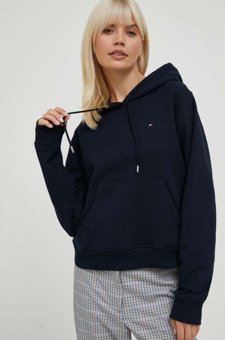 Бавовняна кофта Tommy Hilfiger жіноча колір синій з капюшоном однотонна (3329739)