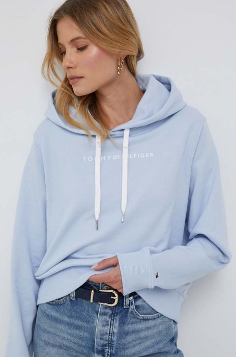 Бавовняна кофта Tommy Hilfiger жіноча з капюшоном з аплікацією колір блакитний (3316053)