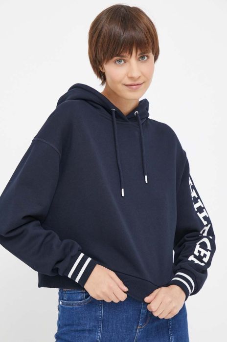 Бавовняна кофта Tommy Hilfiger жіноча колір синій з капюшоном з принтом (3316078)