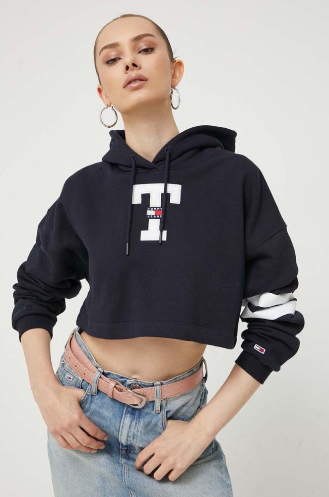 Кофта Tommy Jeans жіноча колір синій з капюшоном з аплікацією (3362308)