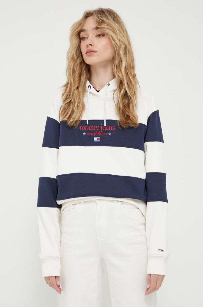 Кофта Tommy Jeans жіноча колір білий з капюшоном візерунок