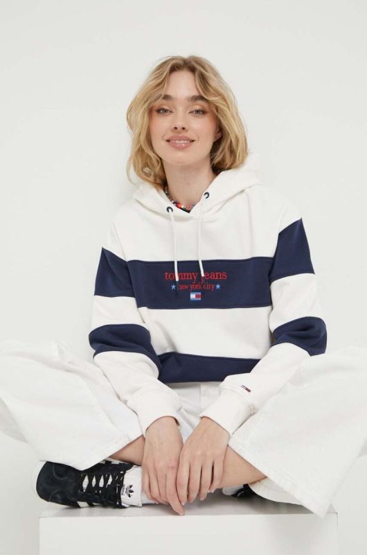 Кофта Tommy Jeans жіноча колір білий з капюшоном візерунок фото 2