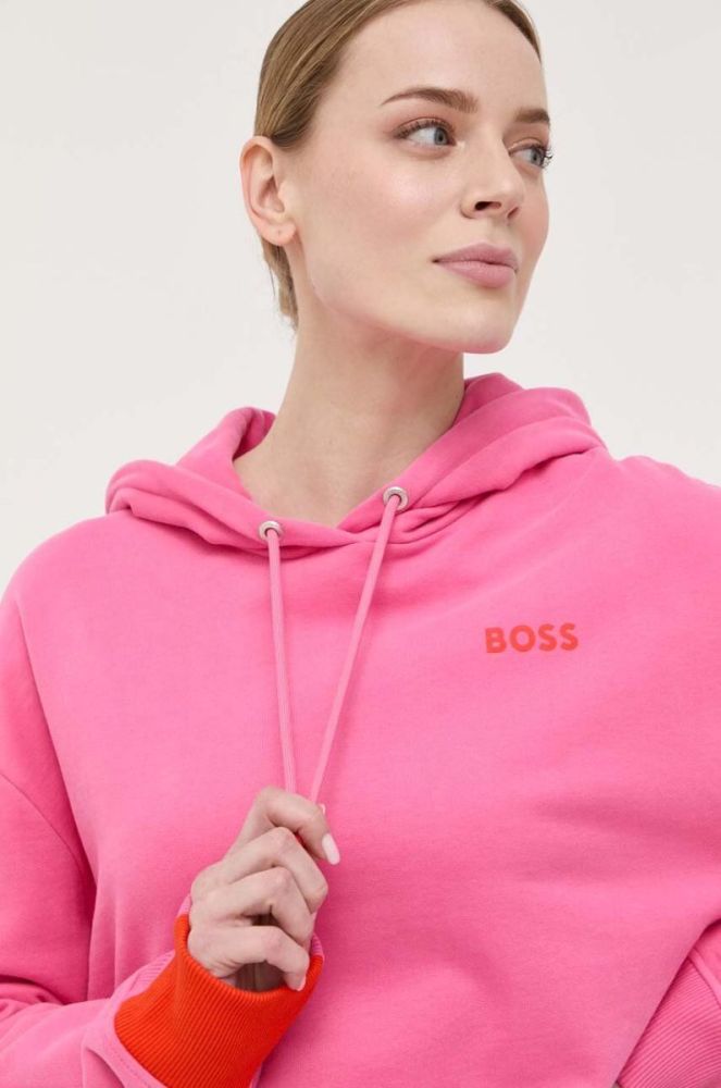 Кофта BOSS жіноча колір рожевий з капюшоном з принтом фото 4
