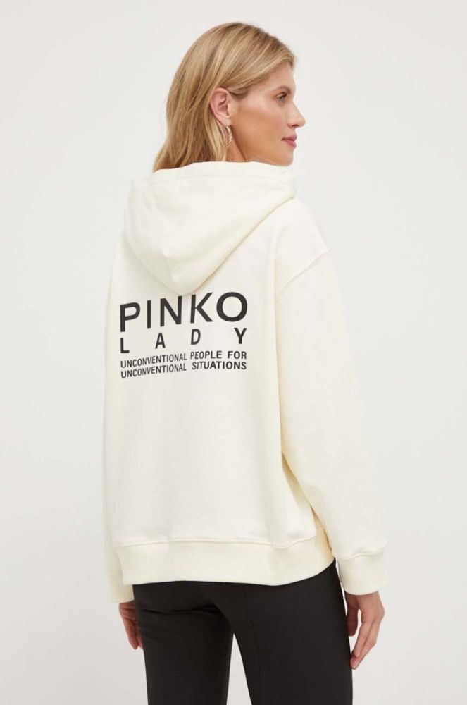 Бавовняна кофта Pinko жіноча колір бежевий з капюшоном з принтом фото 3