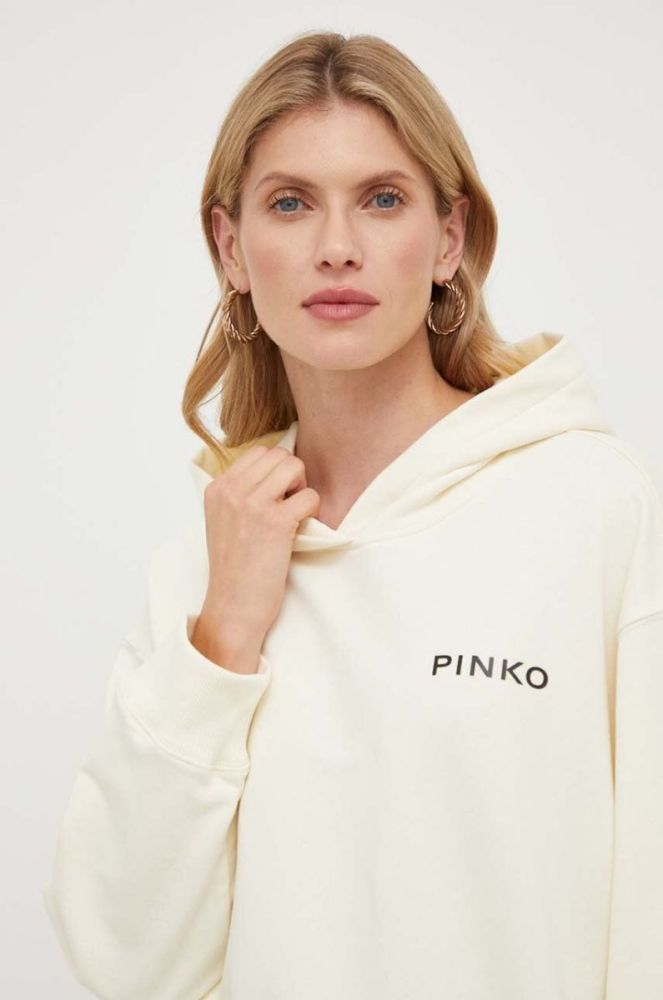 Бавовняна кофта Pinko жіноча колір бежевий з капюшоном з принтом фото 4