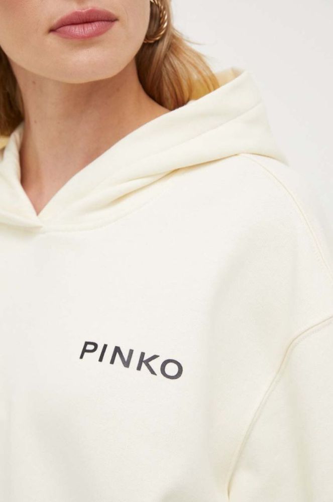Бавовняна кофта Pinko жіноча колір бежевий з капюшоном з принтом фото 5