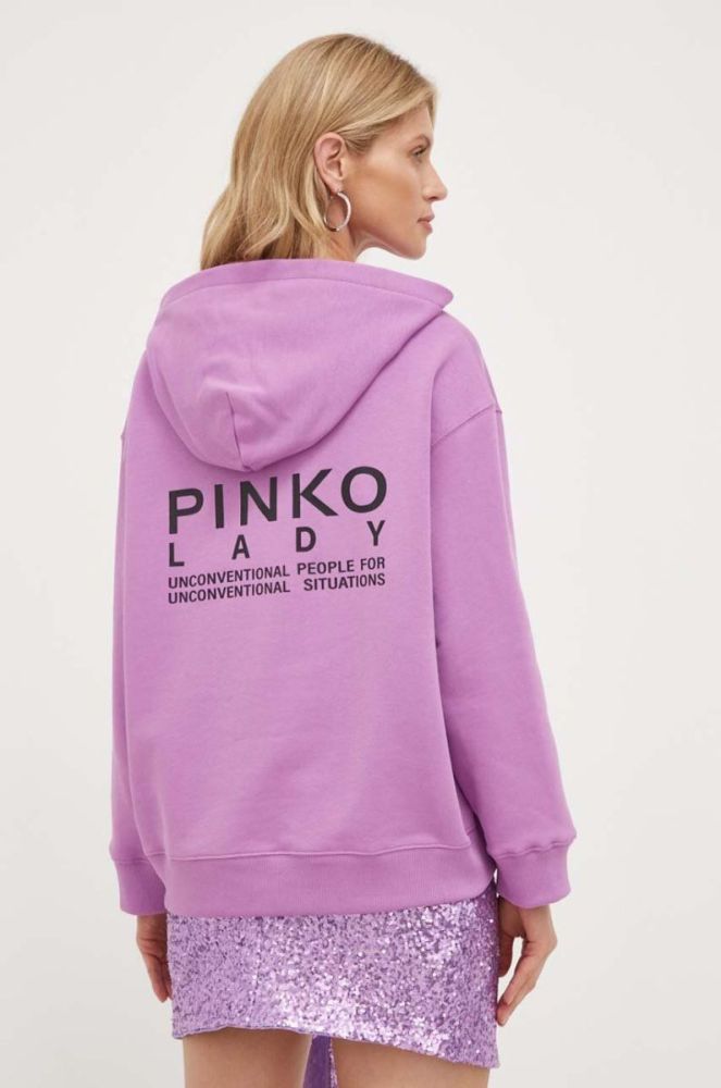 Бавовняна кофта Pinko жіноча колір фіолетовий з капюшоном з принтом (3441410) фото 3