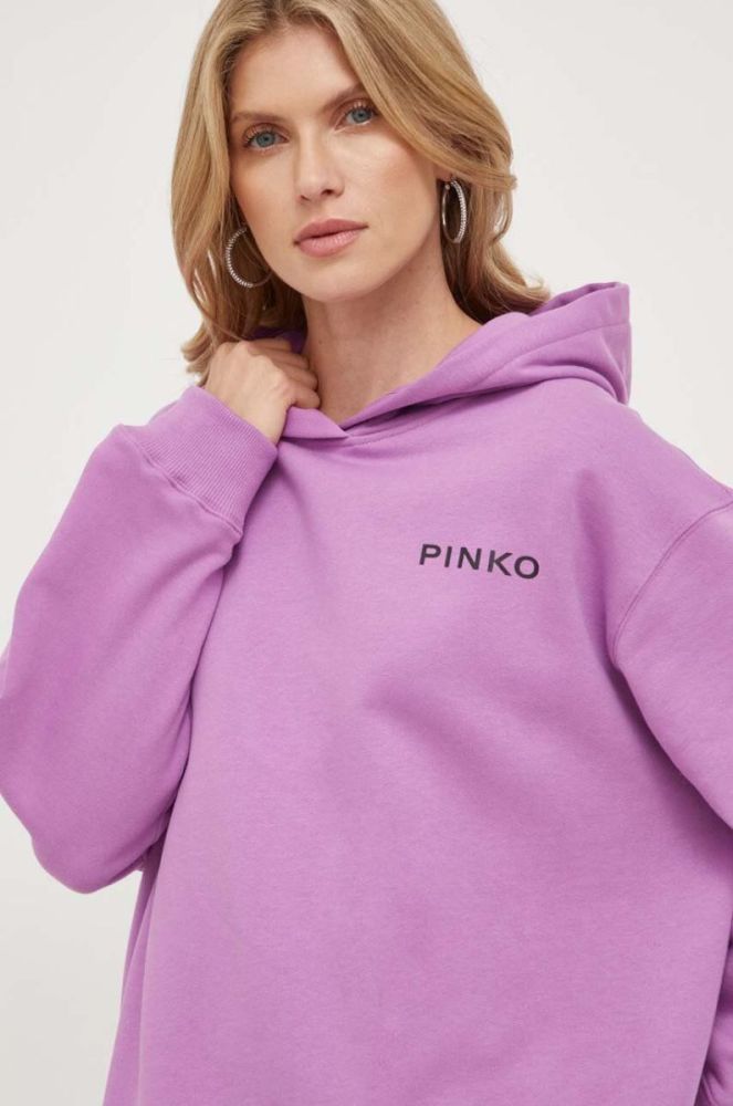 Бавовняна кофта Pinko жіноча колір фіолетовий з капюшоном з принтом (3441410) фото 4