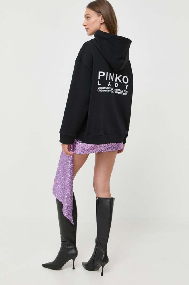 Бавовняна кофта Pinko жіноча колір чорний з капюшоном з принтом (3441418) фото 3