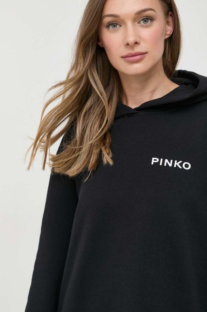 Бавовняна кофта Pinko жіноча колір чорний з капюшоном з принтом (3441418) фото 5