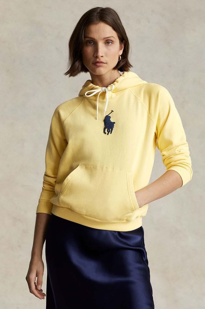 Бавовняна кофта Polo Ralph Lauren жіноча колір жовтий з капюшоном з аплікацією (3388093)