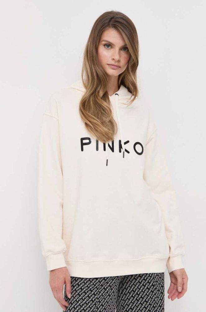Бавовняна кофта Pinko жіноча колір бежевий з капюшоном з аплікацією (3441456) фото 4