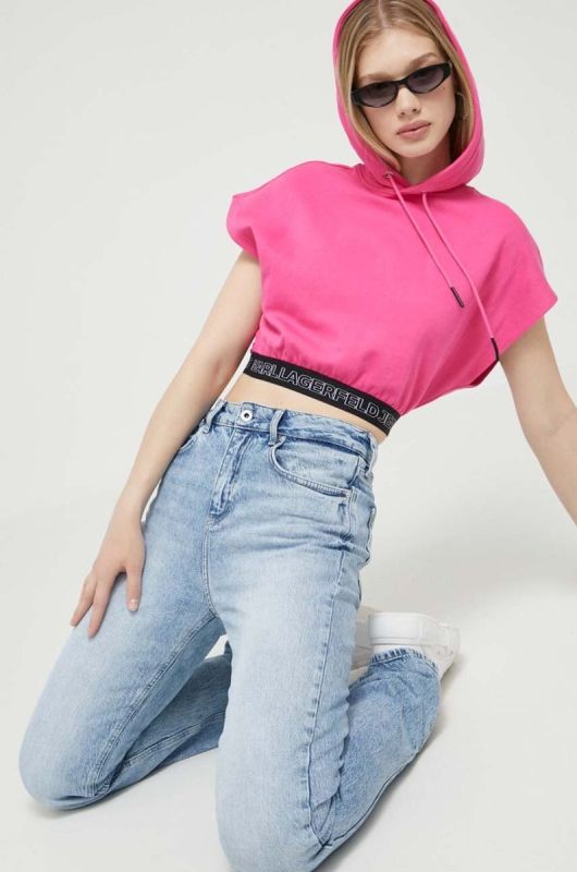 Бавовняна кофта Karl Lagerfeld Jeans жіноча колір рожевий з капюшоном однотонна фото 2