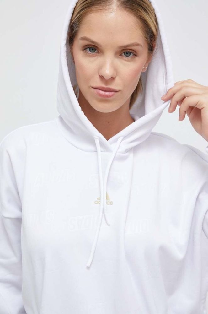Кофта adidas жіноча колір білий з капюшоном візерунок фото 4