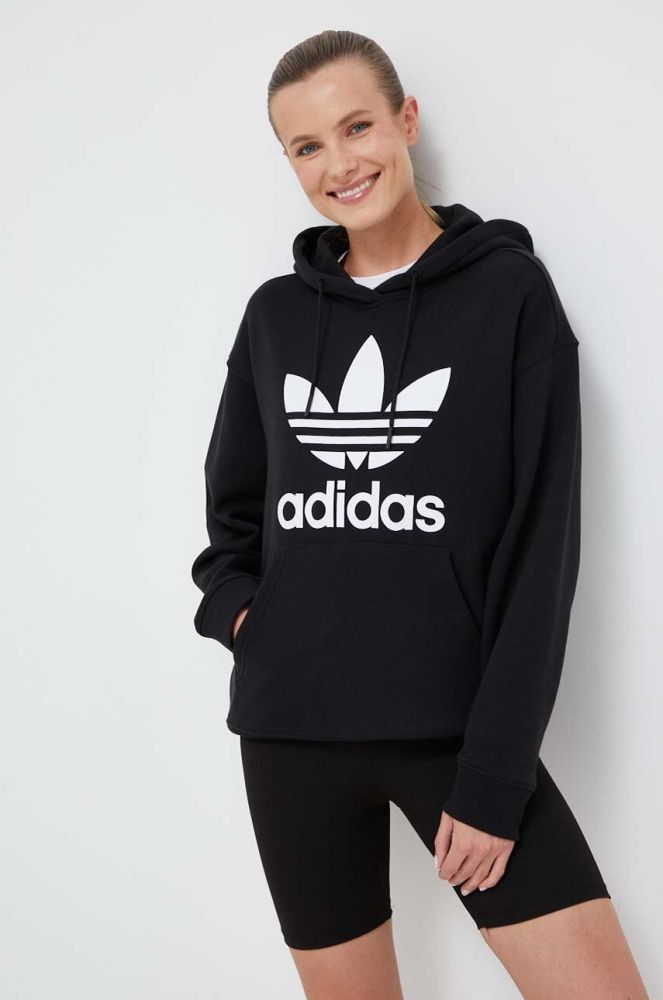 Бавовняна кофта adidas Originals жіноча колір чорний з капюшоном з принтом