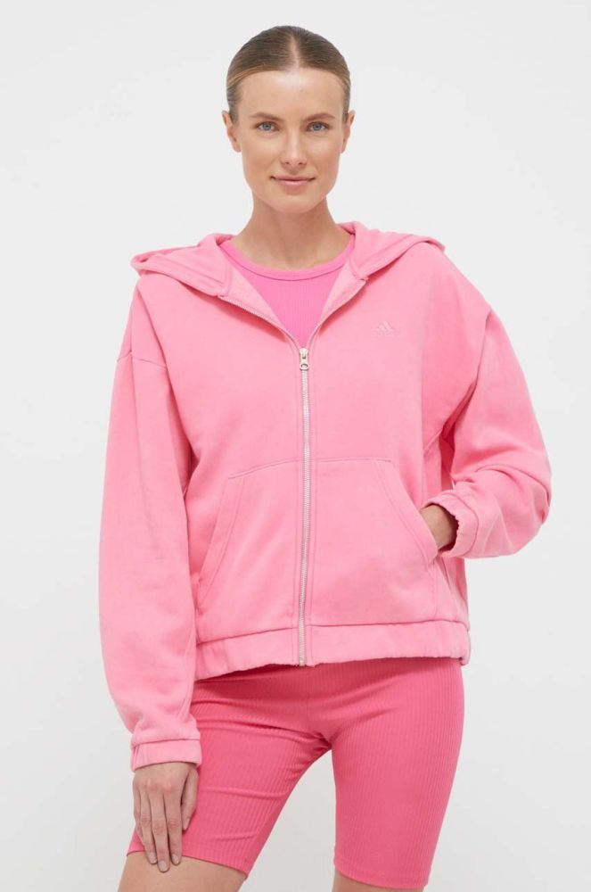 Кофта adidas жіноча колір рожевий з капюшоном однотонна (3506439)