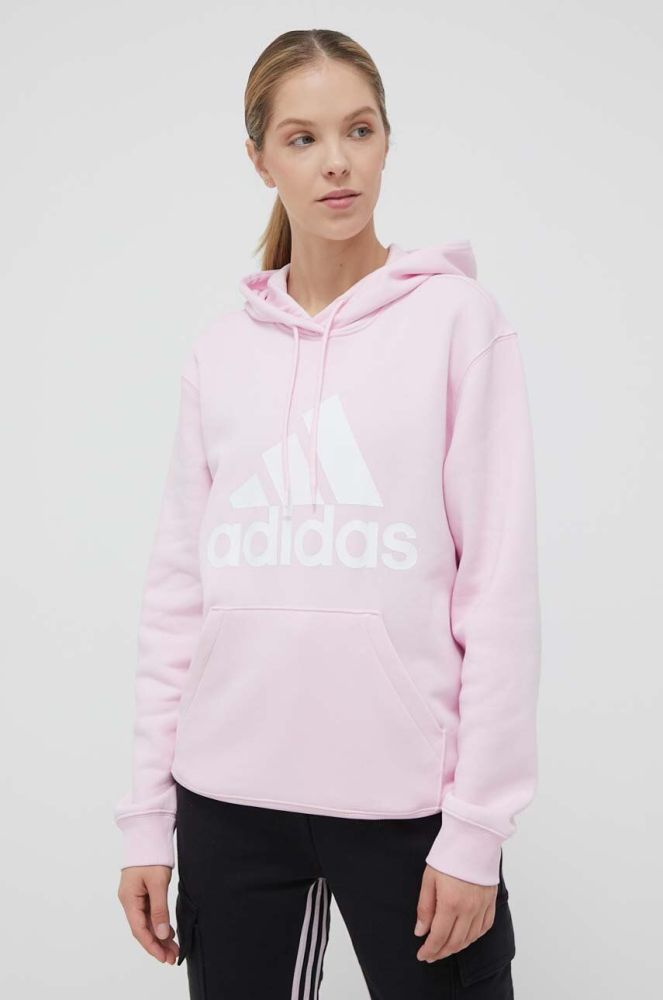 Кофта adidas жіноча колір рожевий з капюшоном з принтом (3305767)