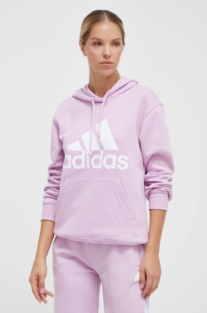 Кофта adidas жіноча колір рожевий з капюшоном з принтом (3613370)