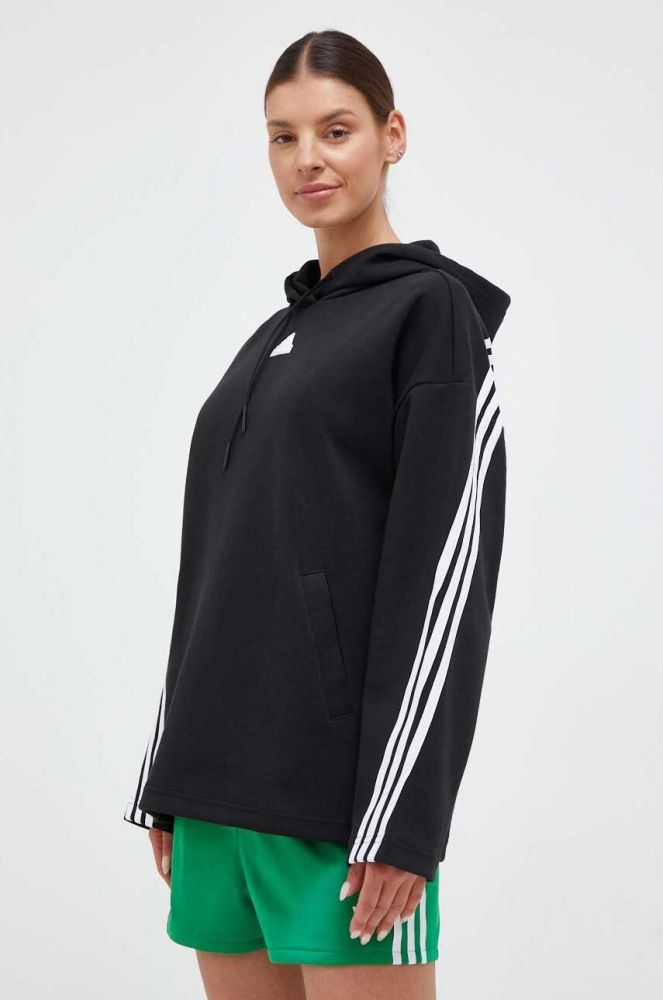 Кофта adidas жіноча колір чорний з капюшоном з аплікацією (3365709)