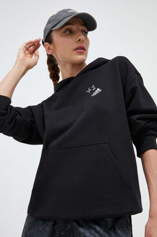 Бавовняна кофта adidas жіноча колір чорний з капюшоном з аплікацією (3385682)