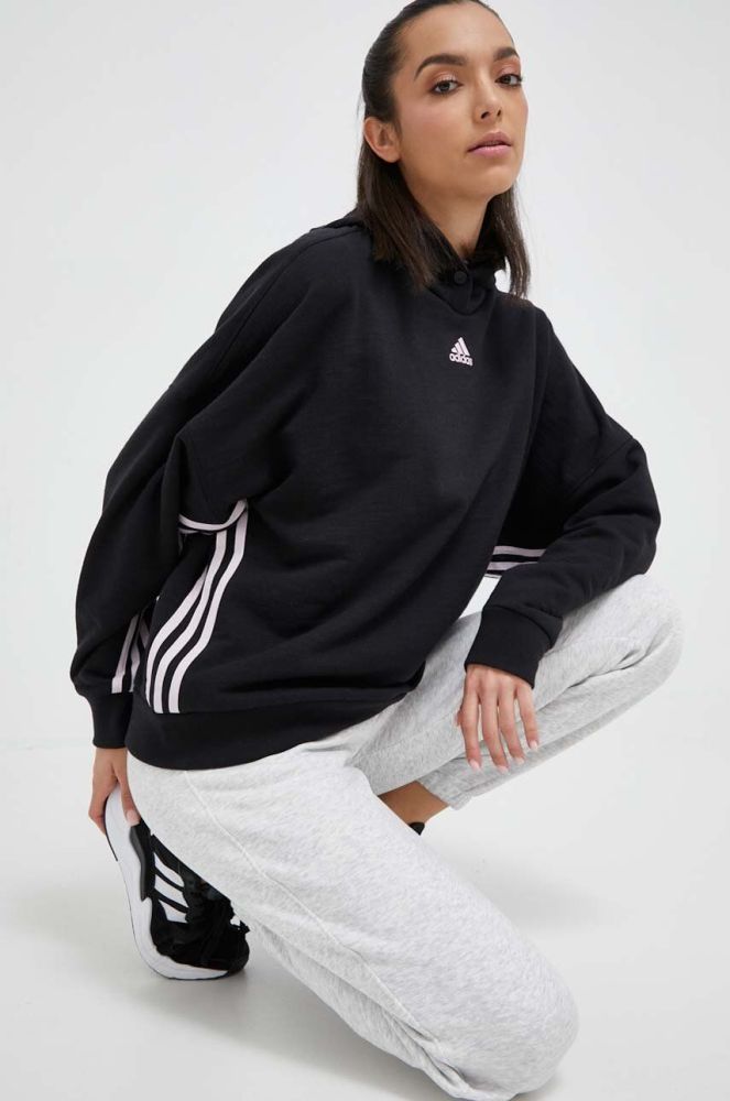 Кофта adidas жіноча колір чорний з капюшоном з аплікацією (3327493)