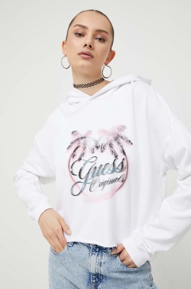 Кофта Guess Originals жіноча колір білий з капюшоном з принтом фото 3