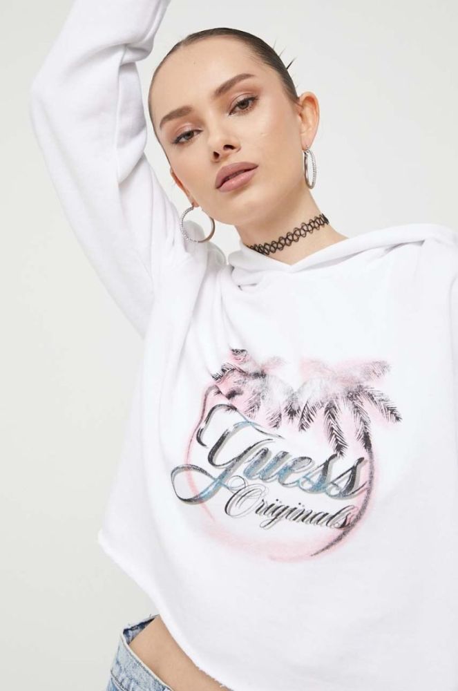 Кофта Guess Originals жіноча колір білий з капюшоном з принтом фото 5