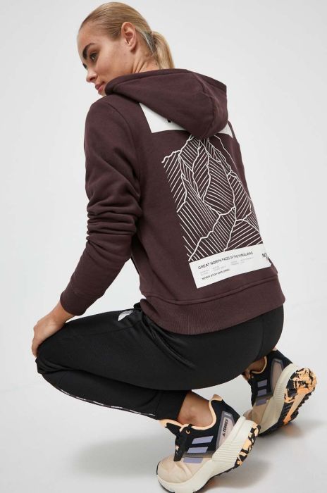 Бавовняна кофта The North Face жіноча колір коричневий з капюшоном з принтом