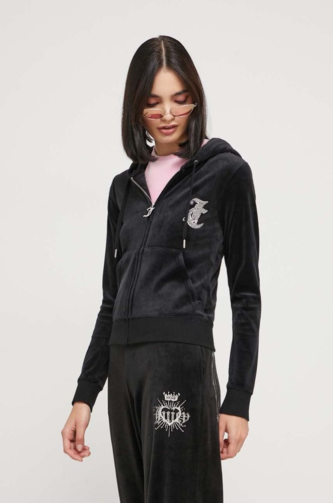 Кофта Juicy Couture жіноча колір чорний з капюшоном з аплікацією (3601093)