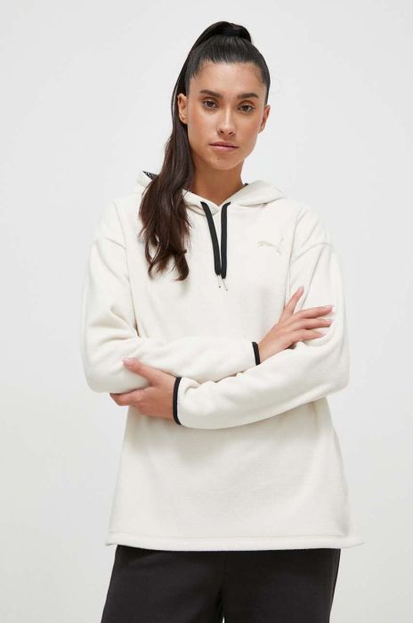 Флісова кофта Puma колір бежевий з капюшоном однотонна