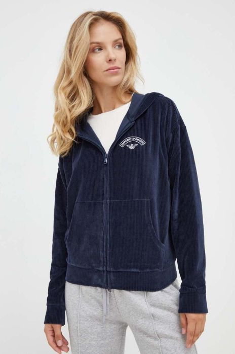 Кофта лаунж Emporio Armani Underwear колір синій з капюшоном з аплікацією