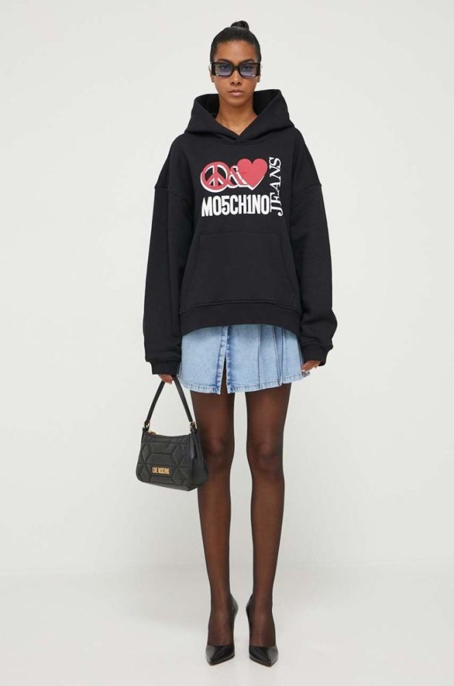 Бавовняна кофта Moschino Jeans жіноча колір чорний з капюшоном однотонна (3402880) фото 2