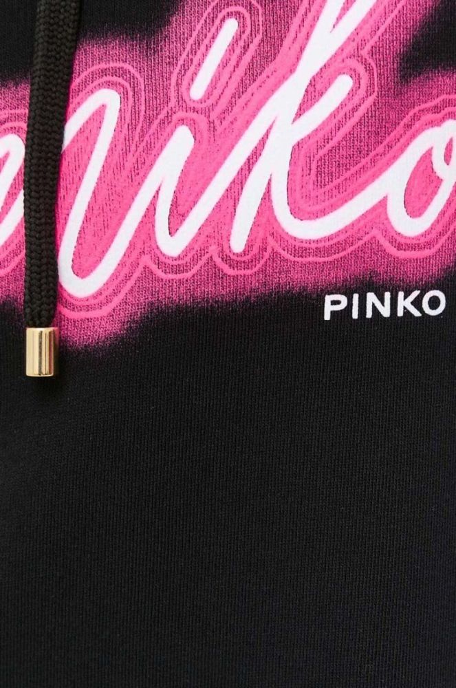 Бавовняна кофта Pinko жіноча колір чорний з капюшоном з принтом (3441538) фото 5