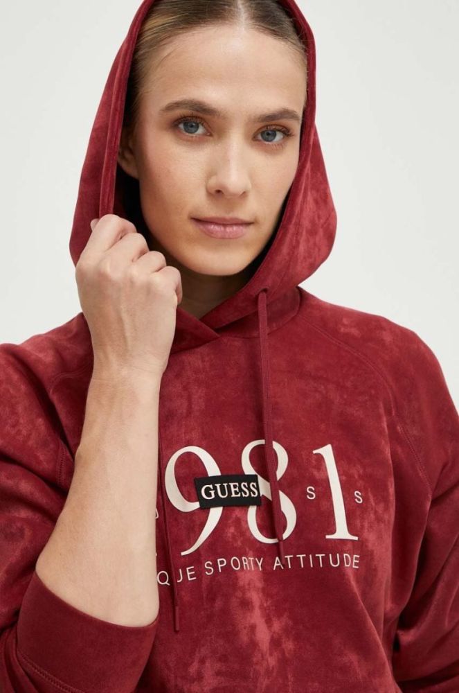 Кофта Guess жіноча колір червоний з капюшоном з принтом (3545758) фото 4