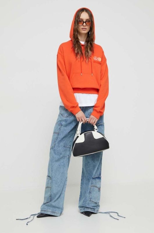 Бавовняна кофта Moschino Jeans жіноча колір помаранчевий з капюшоном з аплікацією фото 2