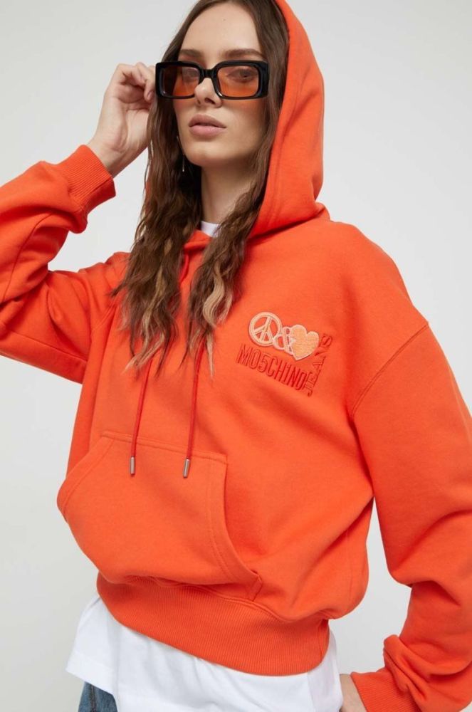 Бавовняна кофта Moschino Jeans жіноча колір помаранчевий з капюшоном з аплікацією фото 4