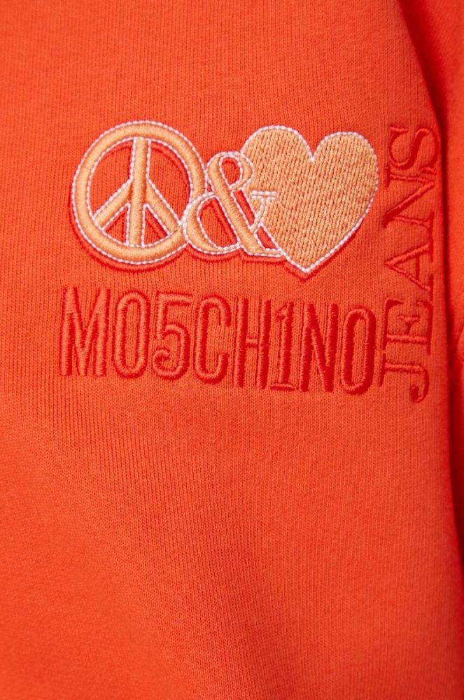 Бавовняна кофта Moschino Jeans жіноча колір помаранчевий з капюшоном з аплікацією фото 5