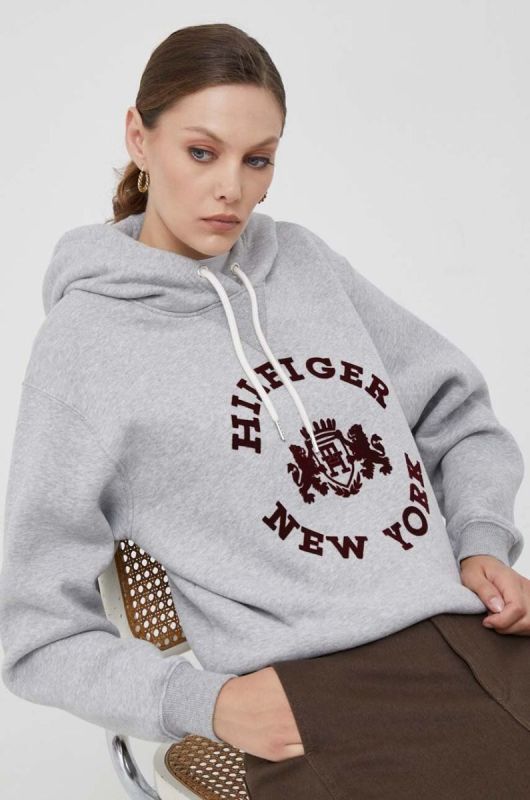 Кофта Tommy Hilfiger жіноча колір сірий з капюшоном з принтом (3537287)