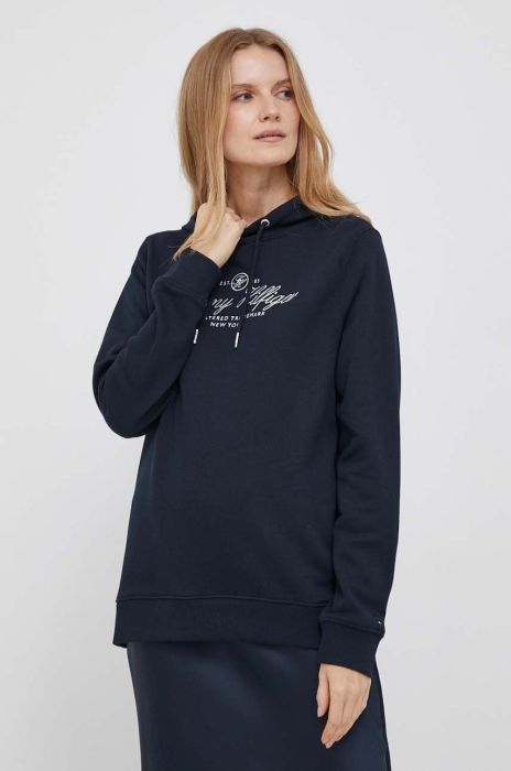 Бавовняна кофта Tommy Hilfiger жіноча колір синій з капюшоном з аплікацією (3473348)