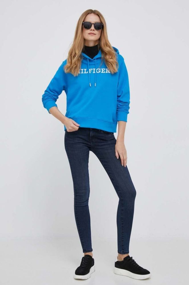 Бавовняна кофта Tommy Hilfiger жіноча з капюшоном з аплікацією колір блакитний (3473369) фото 2