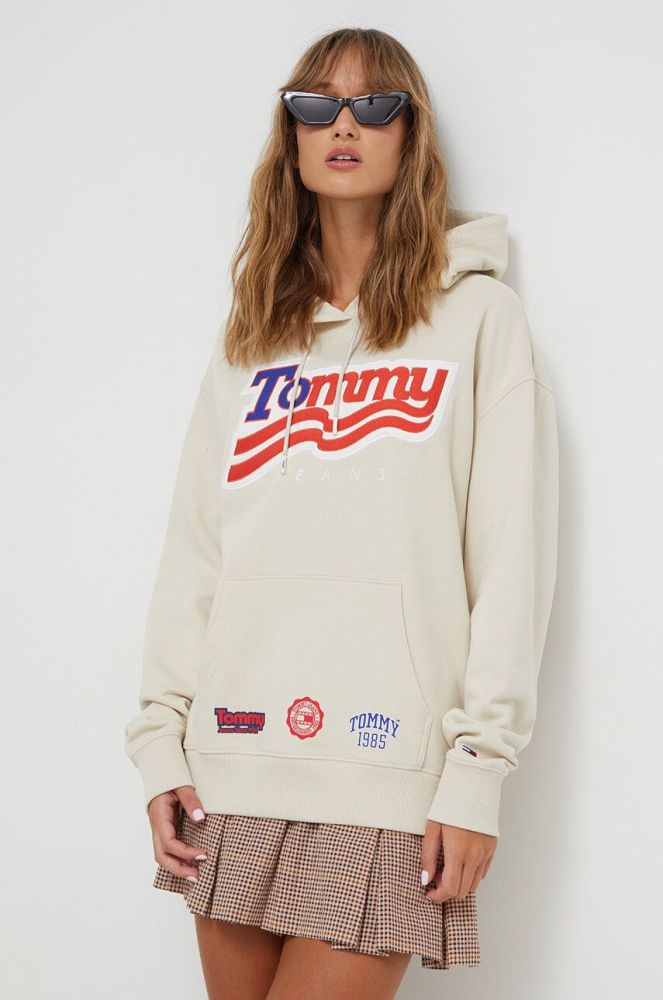 Бавовняна кофта Tommy Jeans жіноча колір бежевий з капюшоном з принтом (3590733)